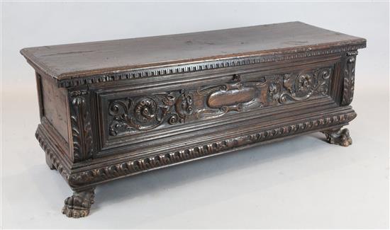 A 17th century Italian walnut cassone, W.5ft 3in. D.1ft 9in. H.1ft 10in.